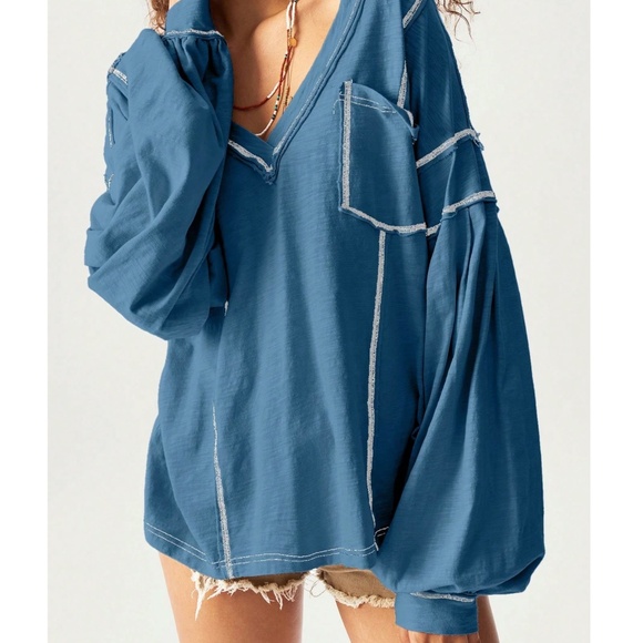 Solid V neck Reverse Stitch Pockets Oversized Long Sleeve Top - Picture 6 of 10